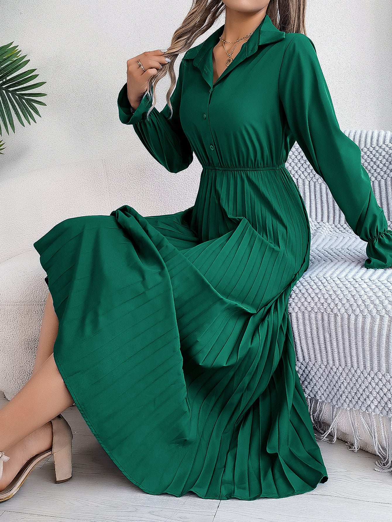 Women's Casual Polo Collar Button Long Sleeve Cinched Clothing