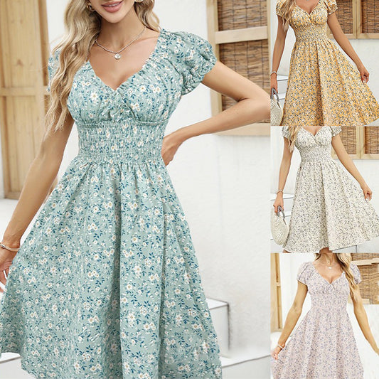 Women's Vintage Floral Puff Sleeve French Colorful Dress