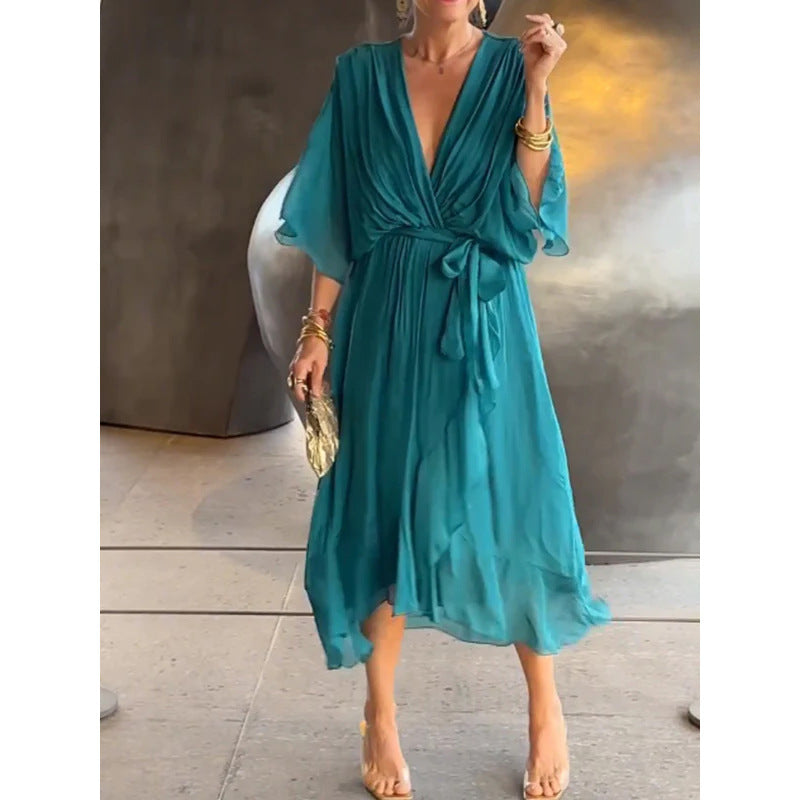 Women's Pure Color Tied Long Batwing Sleeve Dress