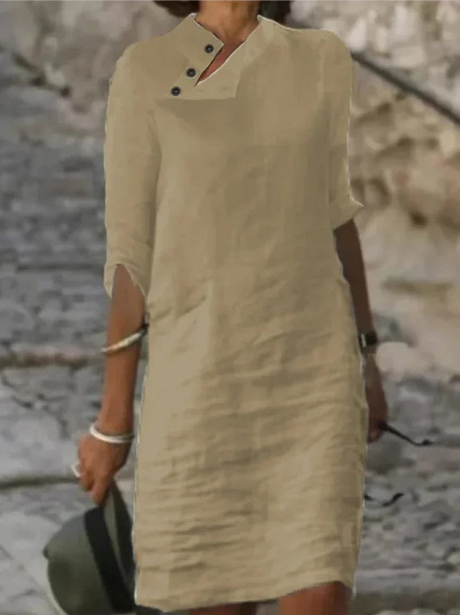 Casual Stand Collar Button Cotton Linen Solid Color Dresses