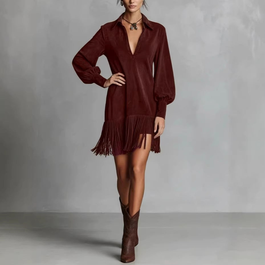 Women's Deerskin Solid Color Black Style Fringed Hem Long Dress