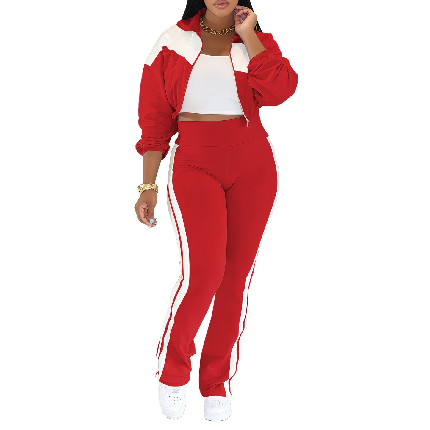 Women's Sports Casual Patchwork Long-sleeved Zipper Two-piece Suits