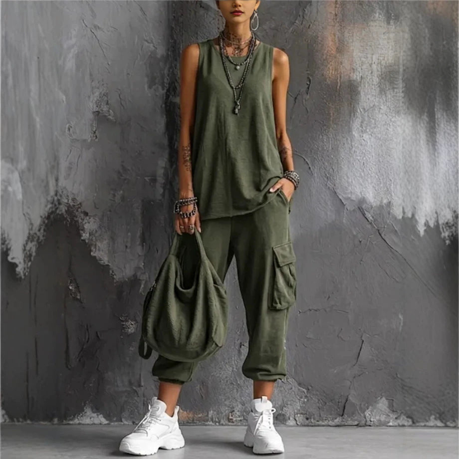 Women's Summer Sleeveless Round Neck Overalls Two-piece Fashion Casual Suit