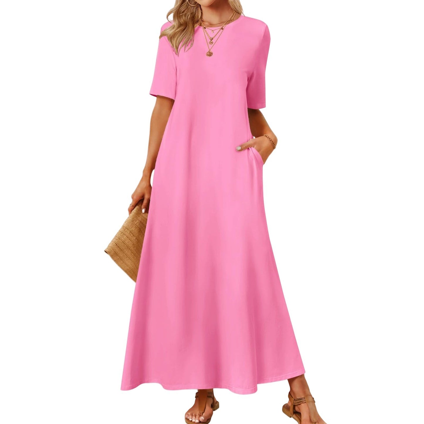 Women's Solid Color Round Neck Pocket Sleeve Dress