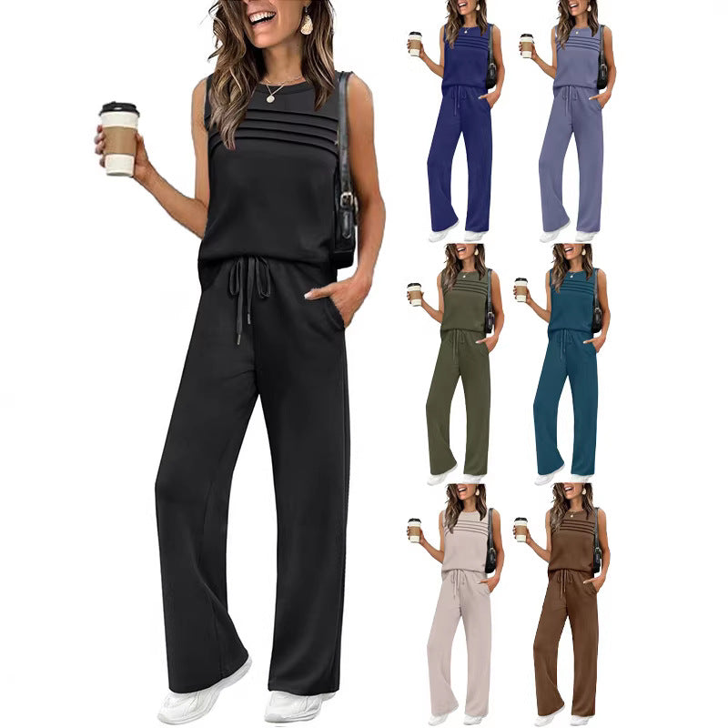 Trendy Glamorous Women's Pleated Two-piece Set Vests