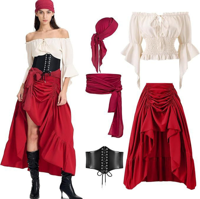 Halloween Artistic Front Back Length Ruffled Long Medieval Pirate Plastic Costumes