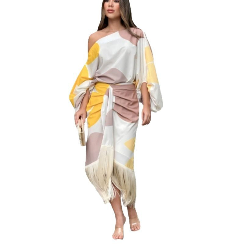 Summer Printed Lantern Sleeve Loose Tassel Tops