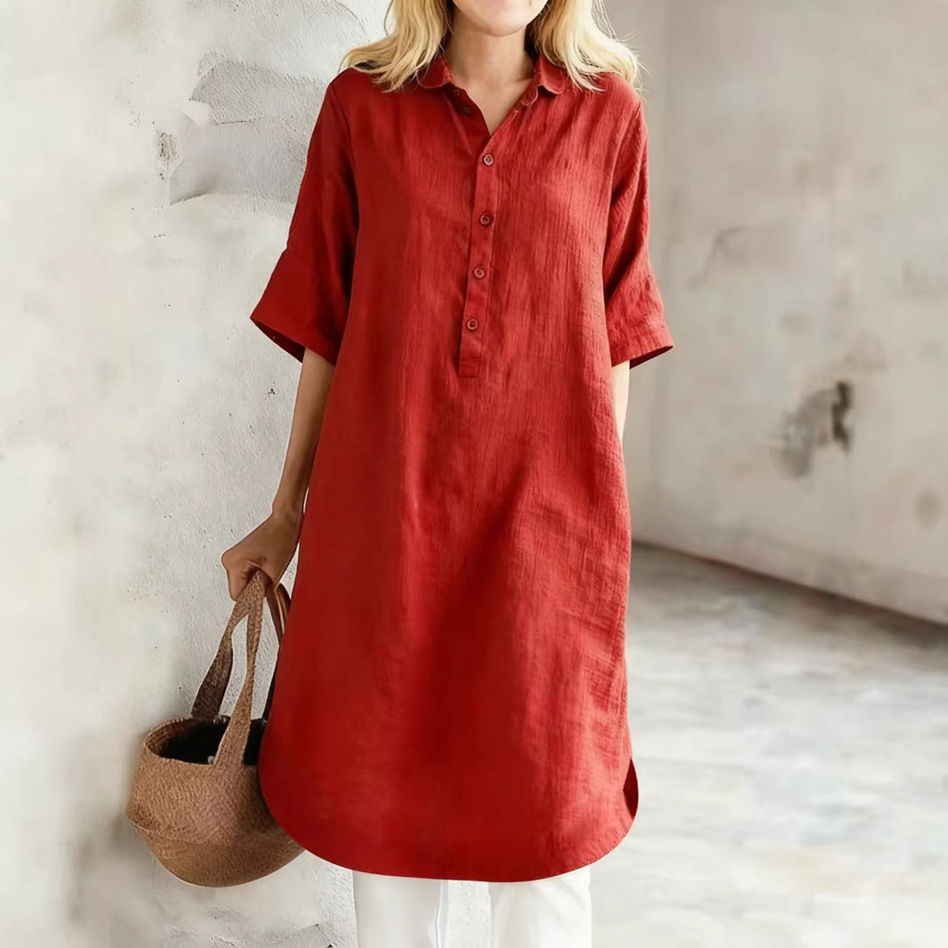 Casual Cotton Linen Sleeve Loose Shirt Dress