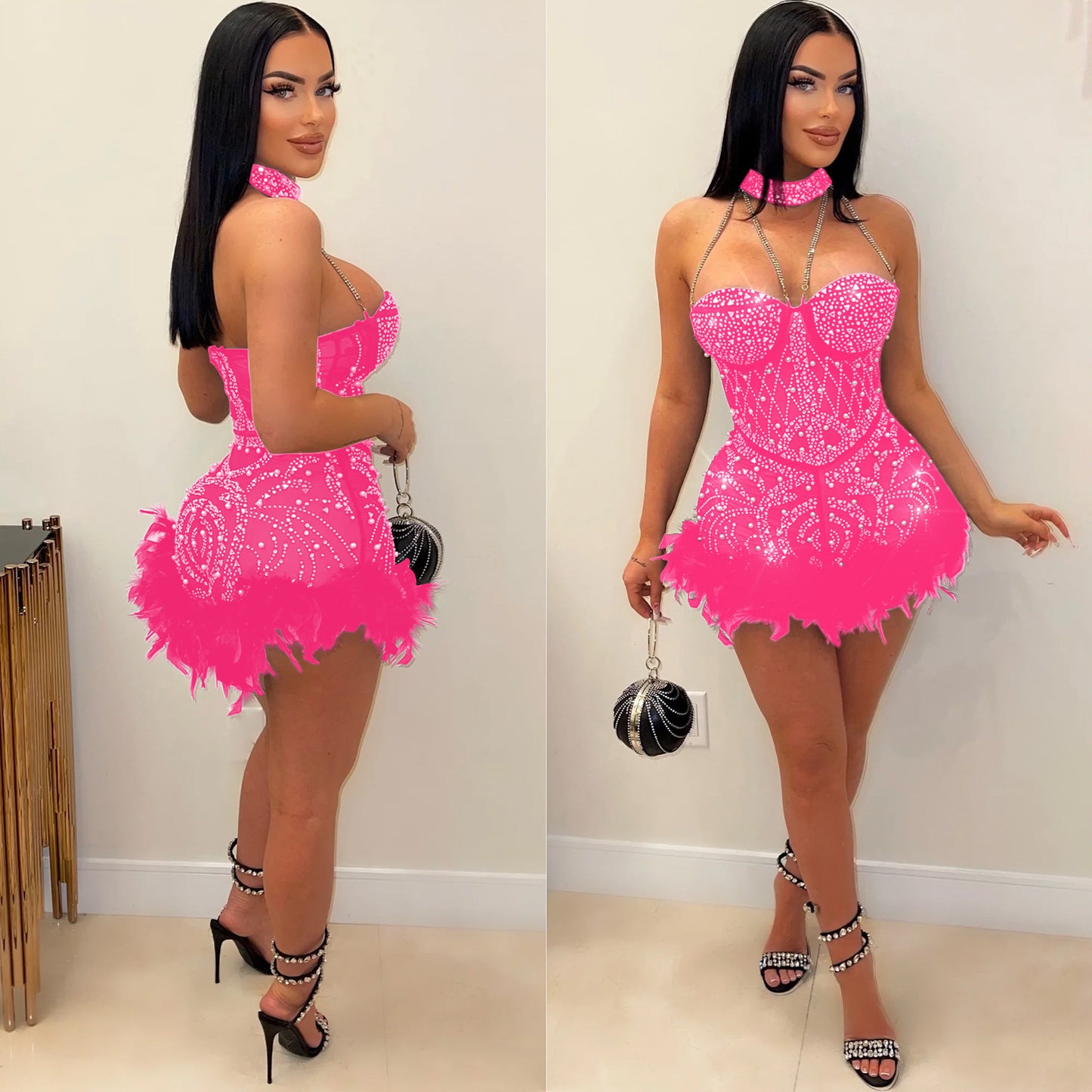 Women's Rhinestone Beaded Sexy Mesh Nightclub Feather Jumpsuits
