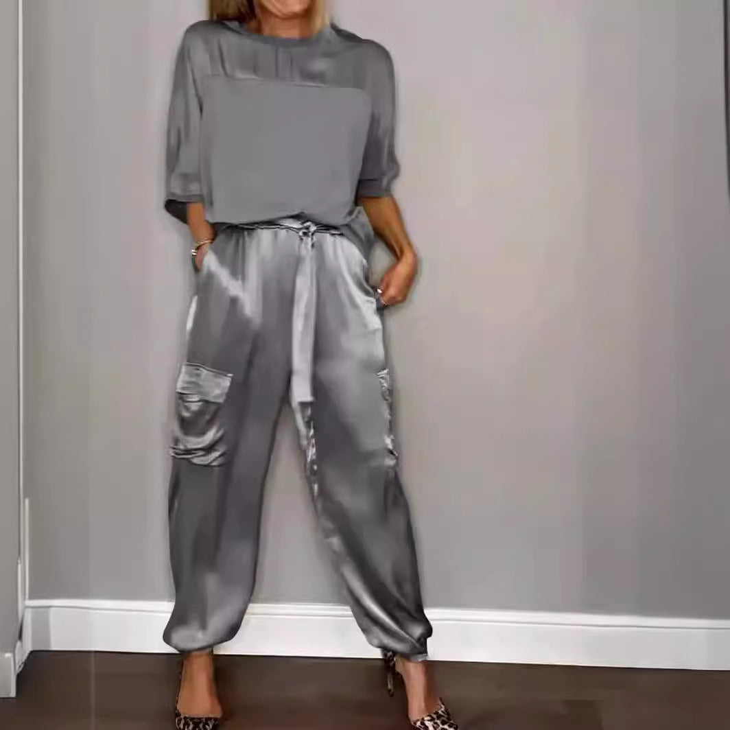 Women's Solid Color Smooth Satin Half Sleeve Shirt Two-piece Fashion Casual Suit