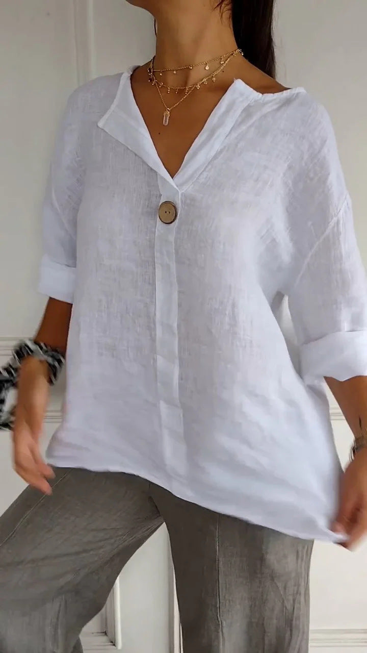 Women's Summer Loose T-shirt Cotton Linen Button Blouses