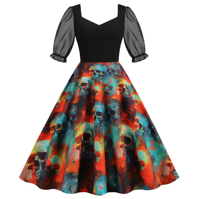 Mesh Stitching Half Sleeve Sexy Retro Printed Large Dress