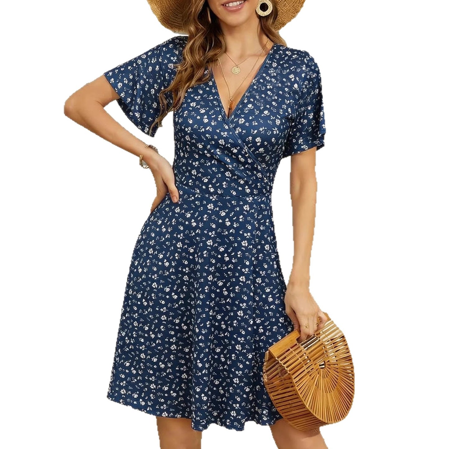 Women's Summer Fashion Floral Sleeve Wrap Collar Temperament Shorts