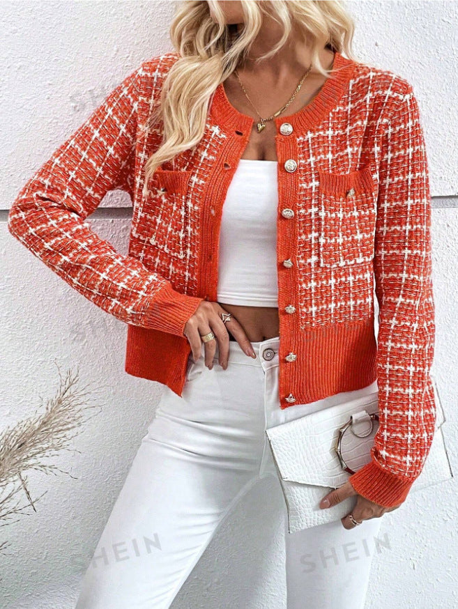 Trendy Fashion Classic Plaid Front Button Women's Sweater
