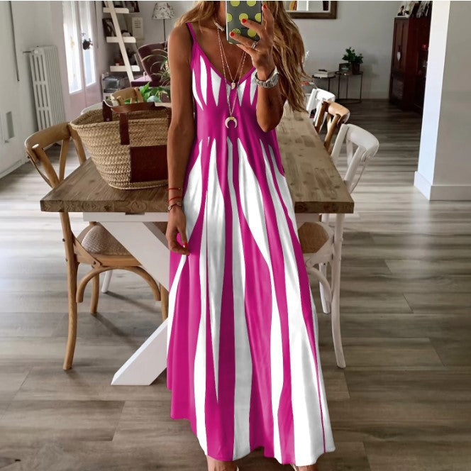 Women's Summer Fashion Striped Loose Sling Printing Dress