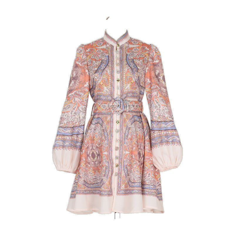 Design High Version Single-breasted Stand-up Collar Puff Sleeve Dresses