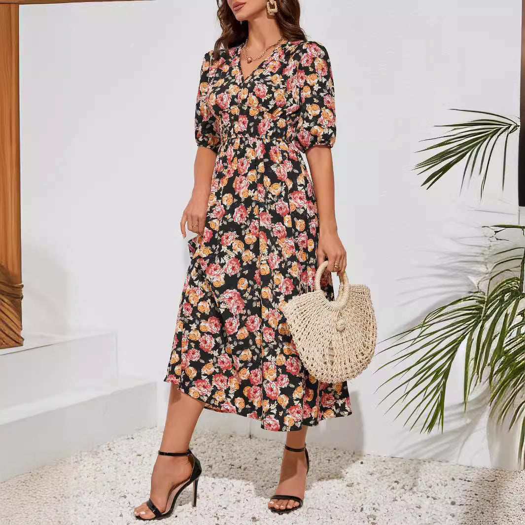 Classy Women's Summer Fashion Printed Waist Dress