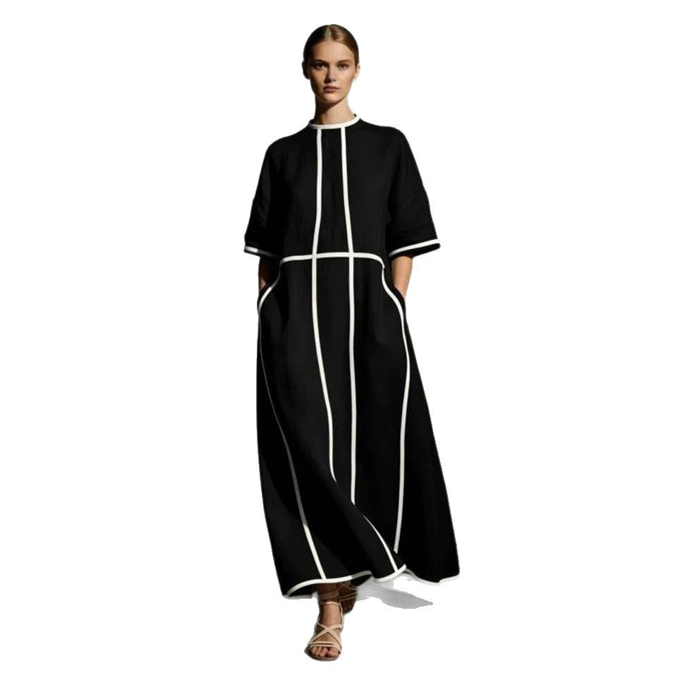 Women's Summer Round Neck Pocket Line Loose Dress
