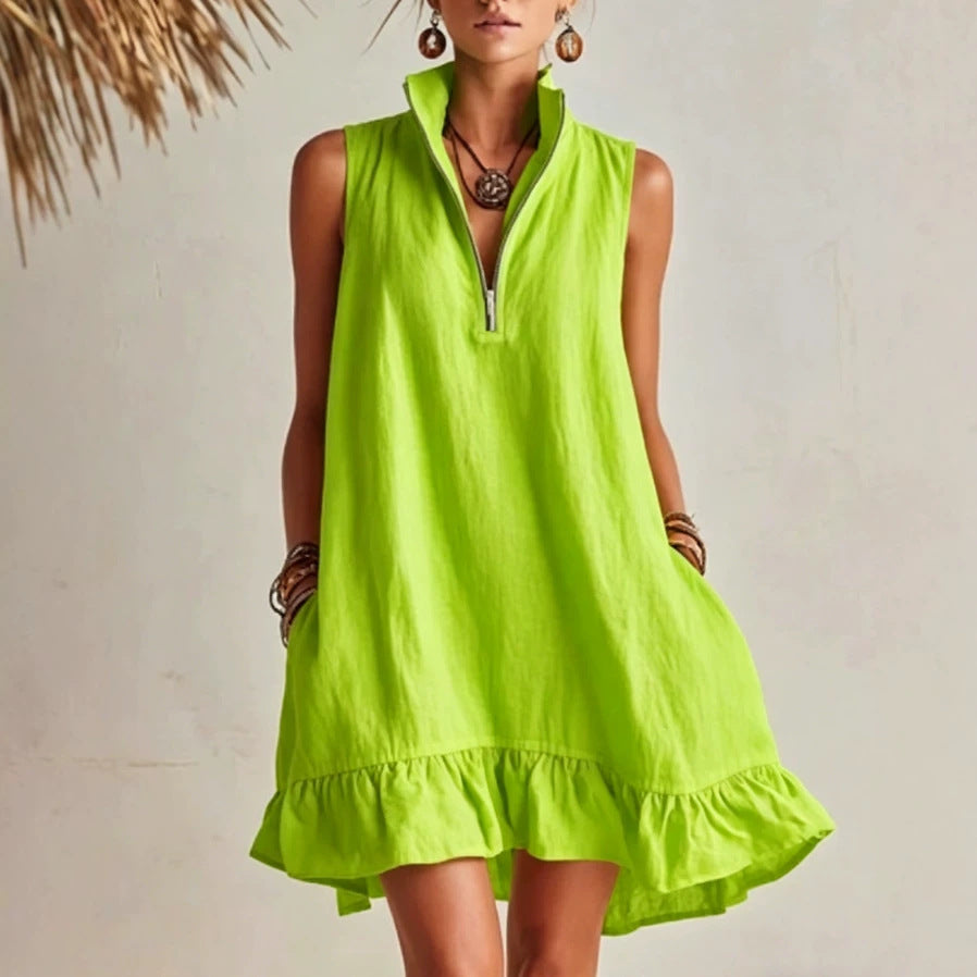 Women's Casual Loose Lotus Leaf Half Zip Dress