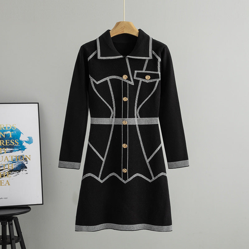 Women's Classic Style Knitted Collar Fitted Waist Striped Mid-length Temperament Dress