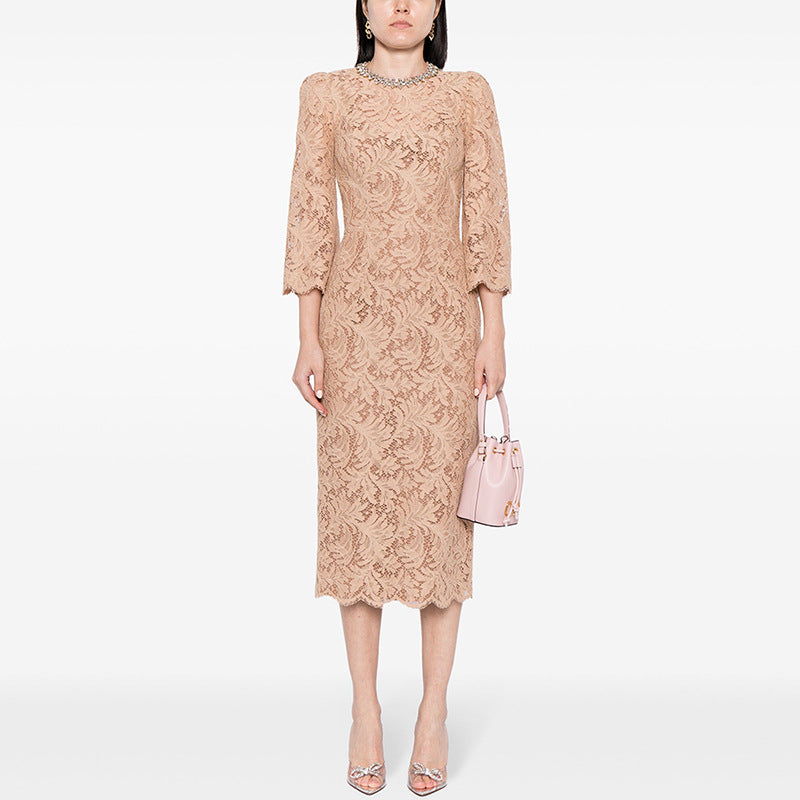 Graceful Fashion Bead Long-sleeved Water-soluble Lace Dress