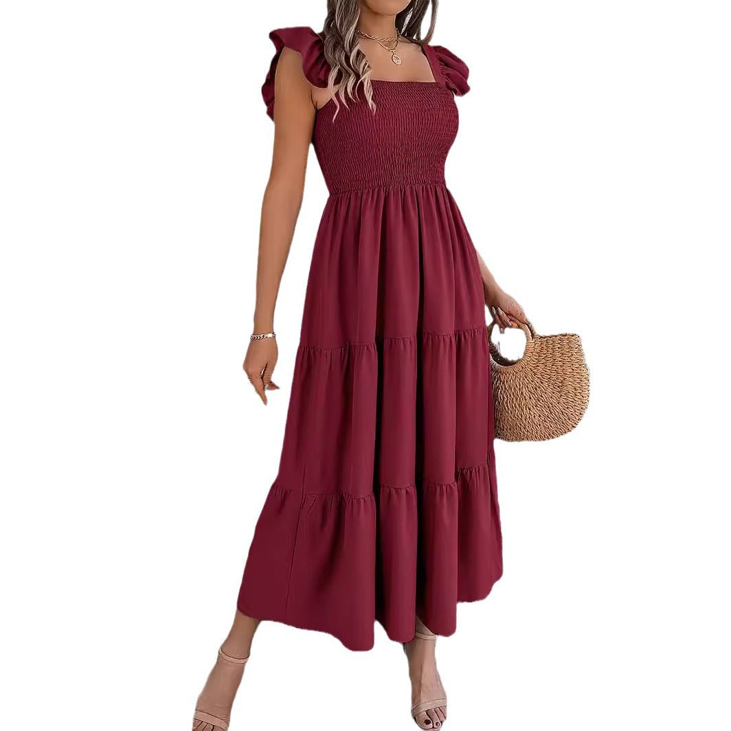 Women's Color Square Collar Wooden Ear Waist Dress