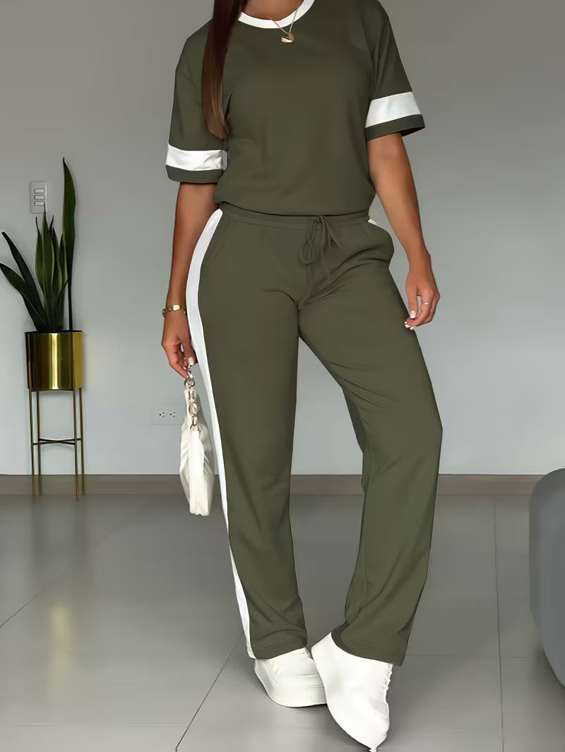 Women's Short-sleeved Side Striped Contrast Color Two-piece Fashion Casual Suit