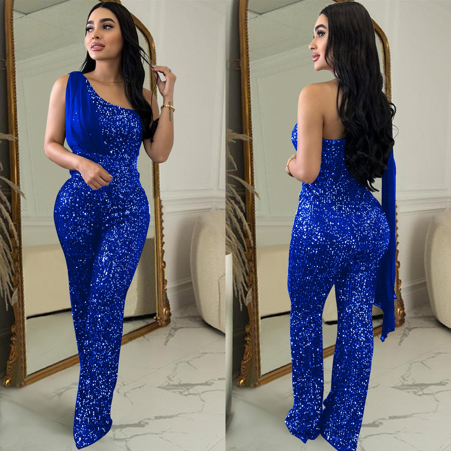 Women's Fashion Wear Solid Color Sleeveless Sequined Jumpsuits