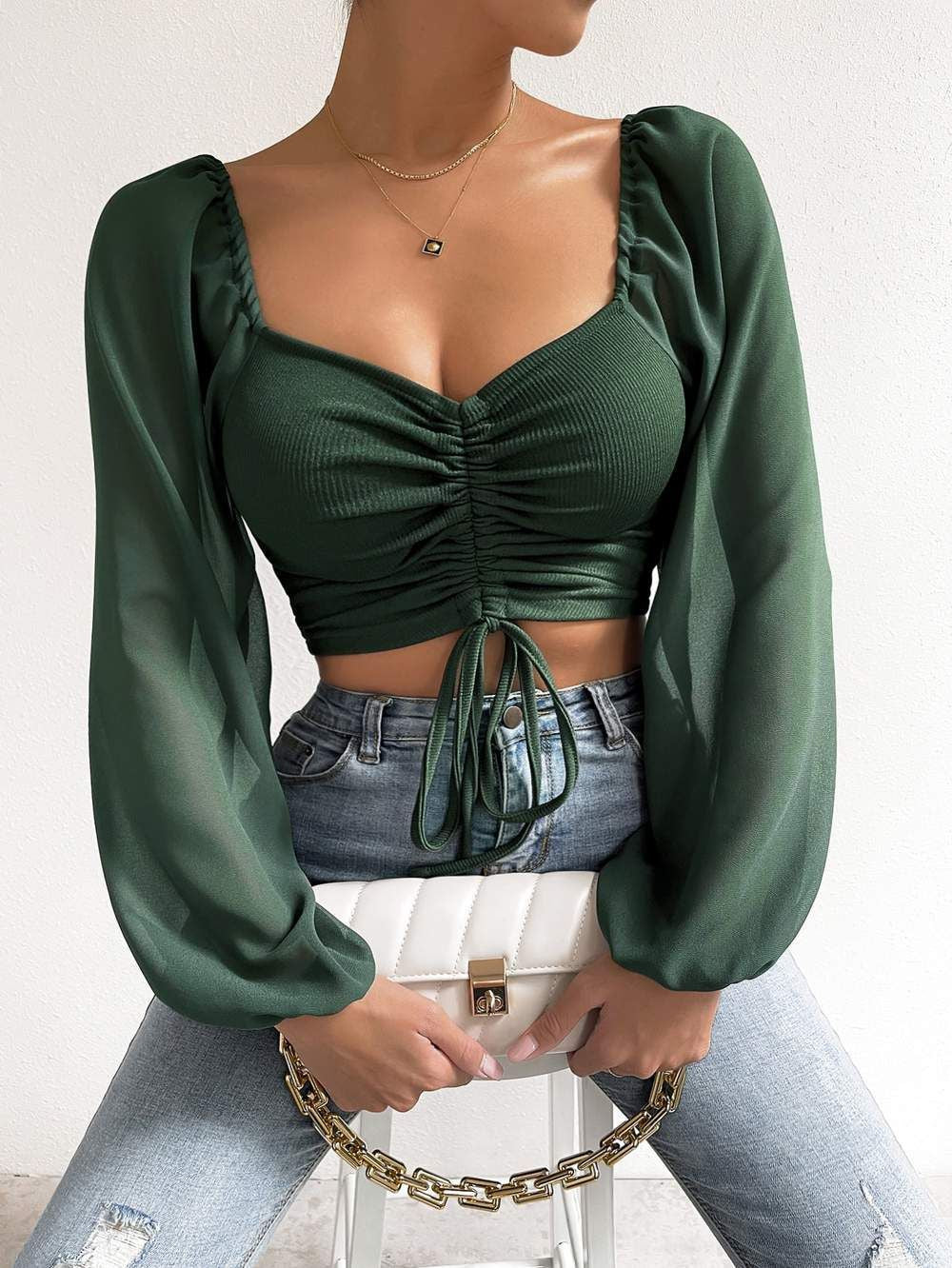 Women's Sexy Stitching Chiffon Drawstring Lantern Sleeve Tops