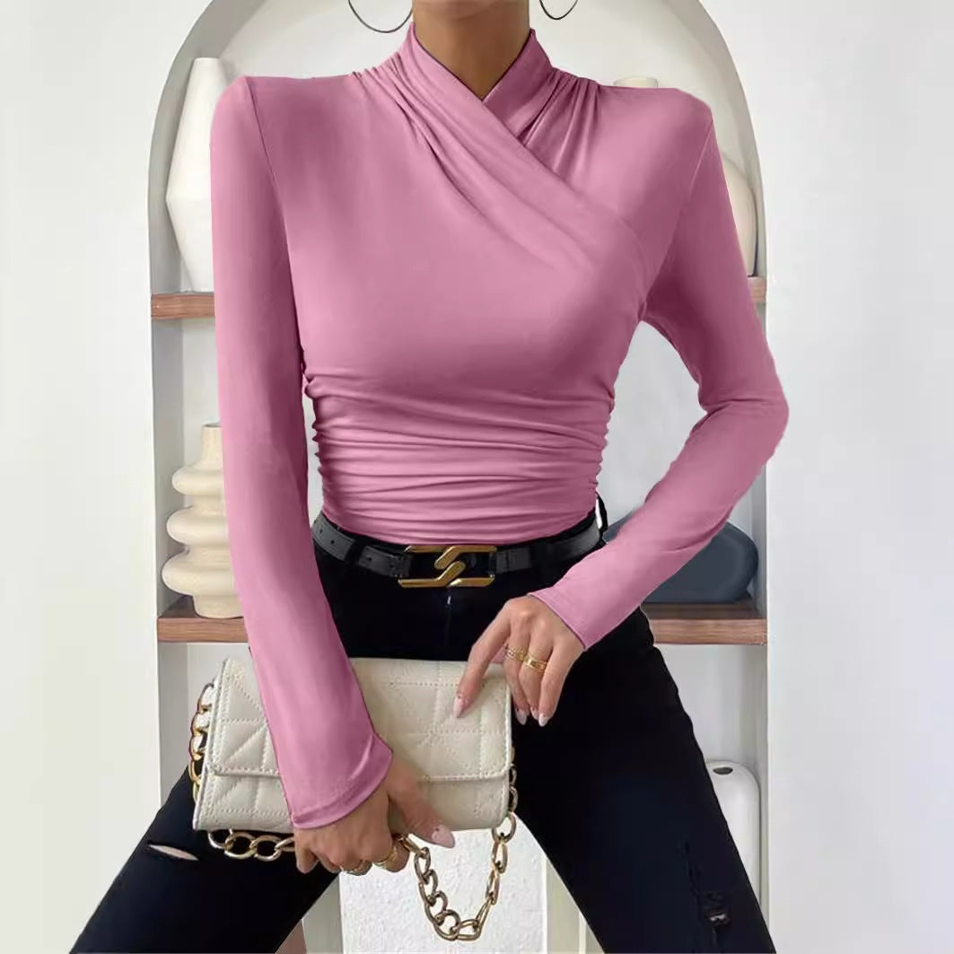 Design Cross Collar Slim Fit Pleating Blouses