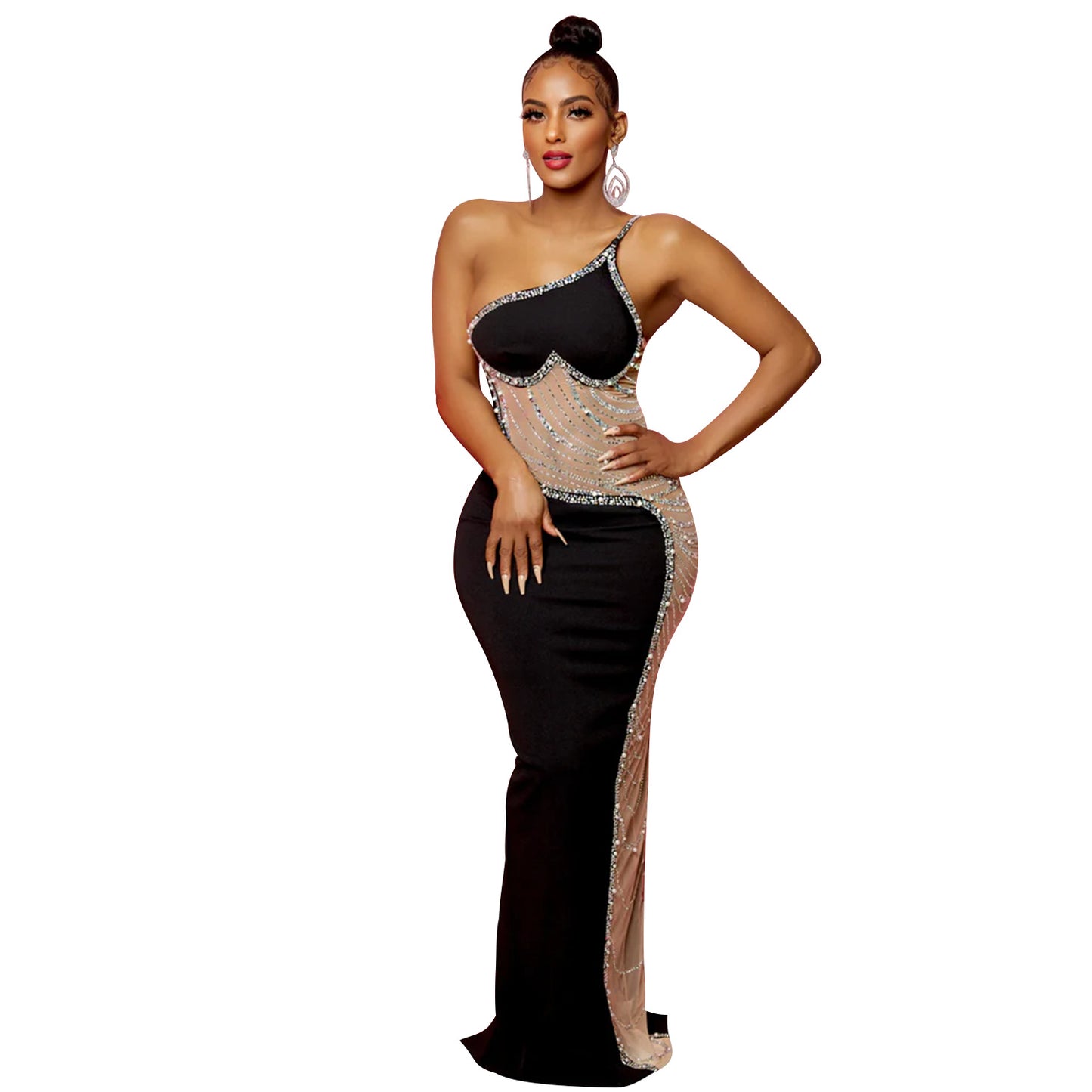 Women's Summer Sexy Mesh Rhinestone Strap Length Dresses
