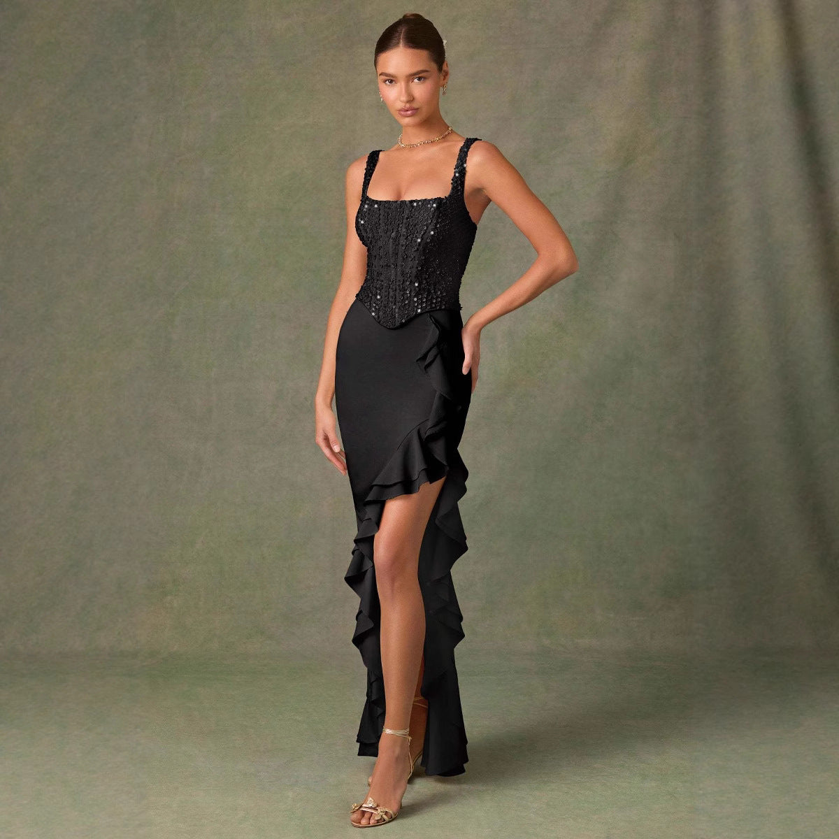 Women's Summer Sequined Knitted Patchwork Ruffled Casual Dresses