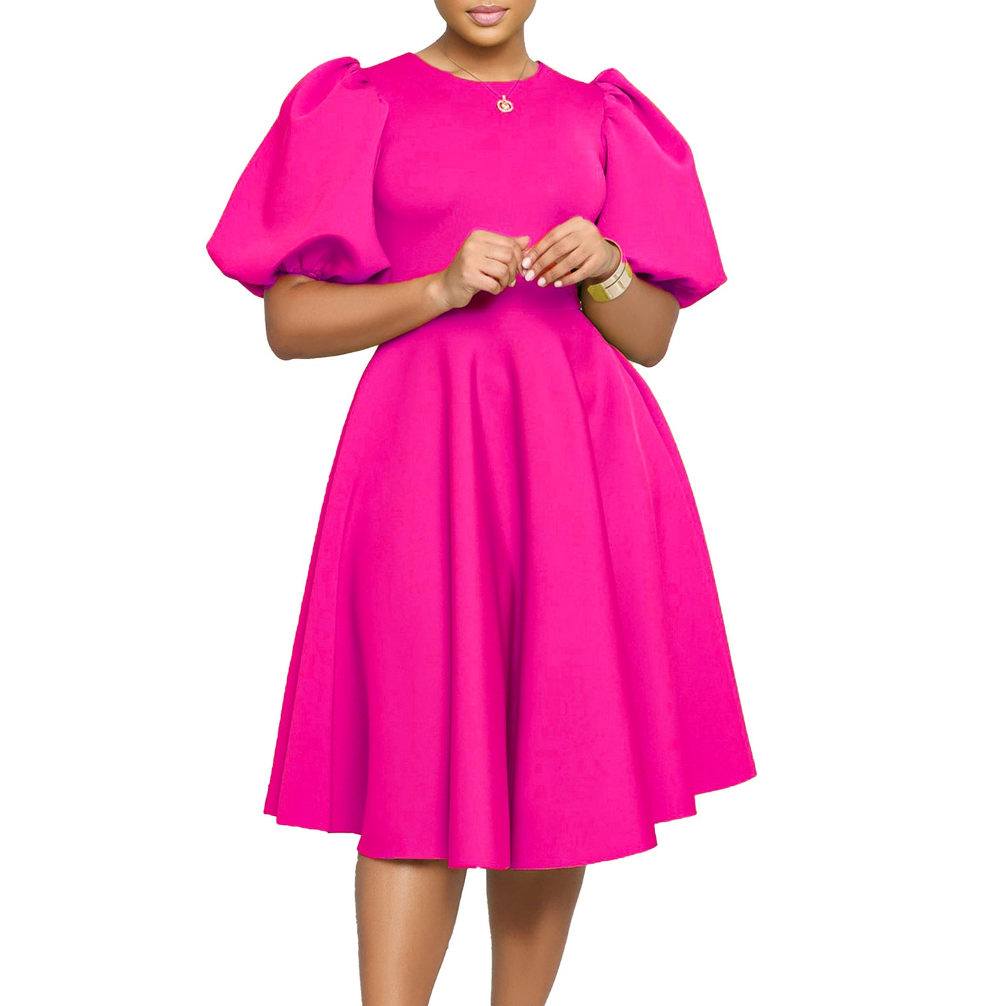 Neck Graceful Puff Sleeve Large Hem Dress