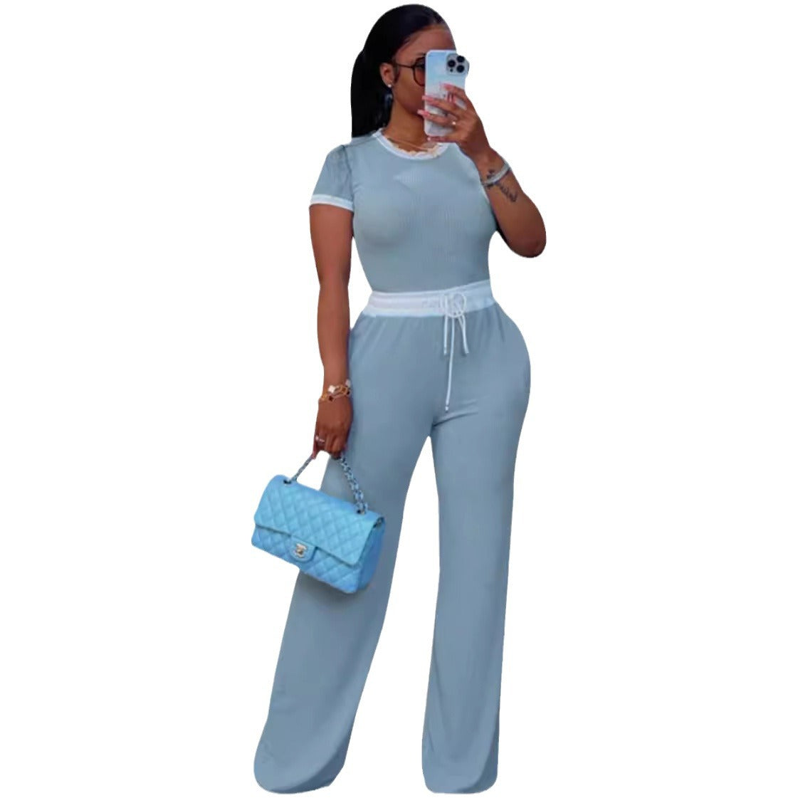 Women's Casual Daily Rib Contrast Color Round Neck Suits