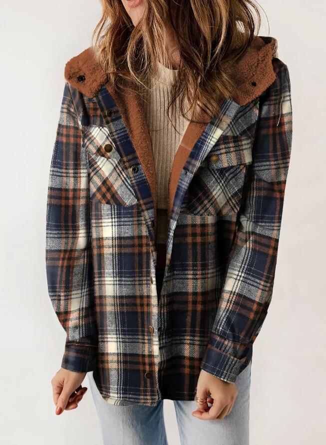 Women's Plaid Long Sleeve Furry Hooded With Coats
