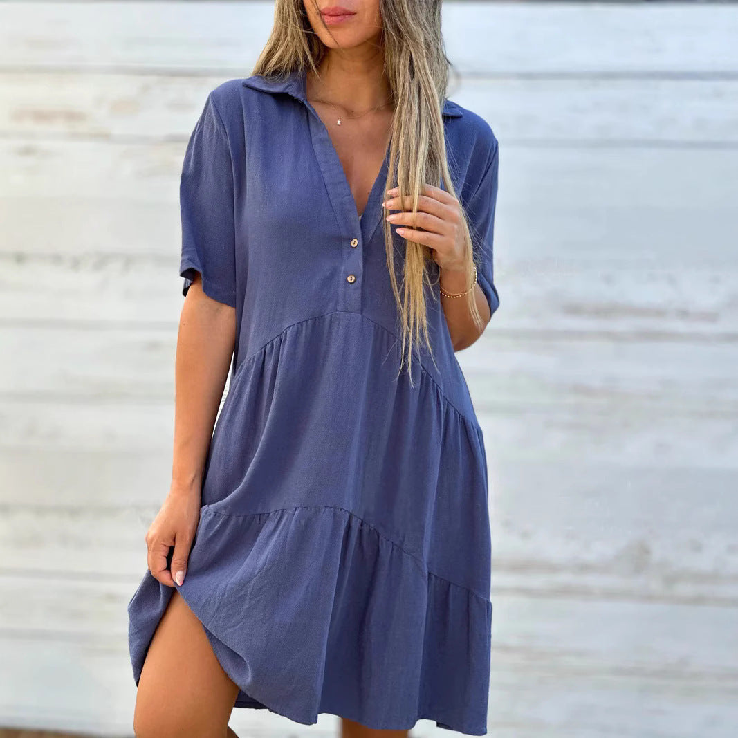 Women's Loose Solid Color Polo Collar Casual Sleeve Dress