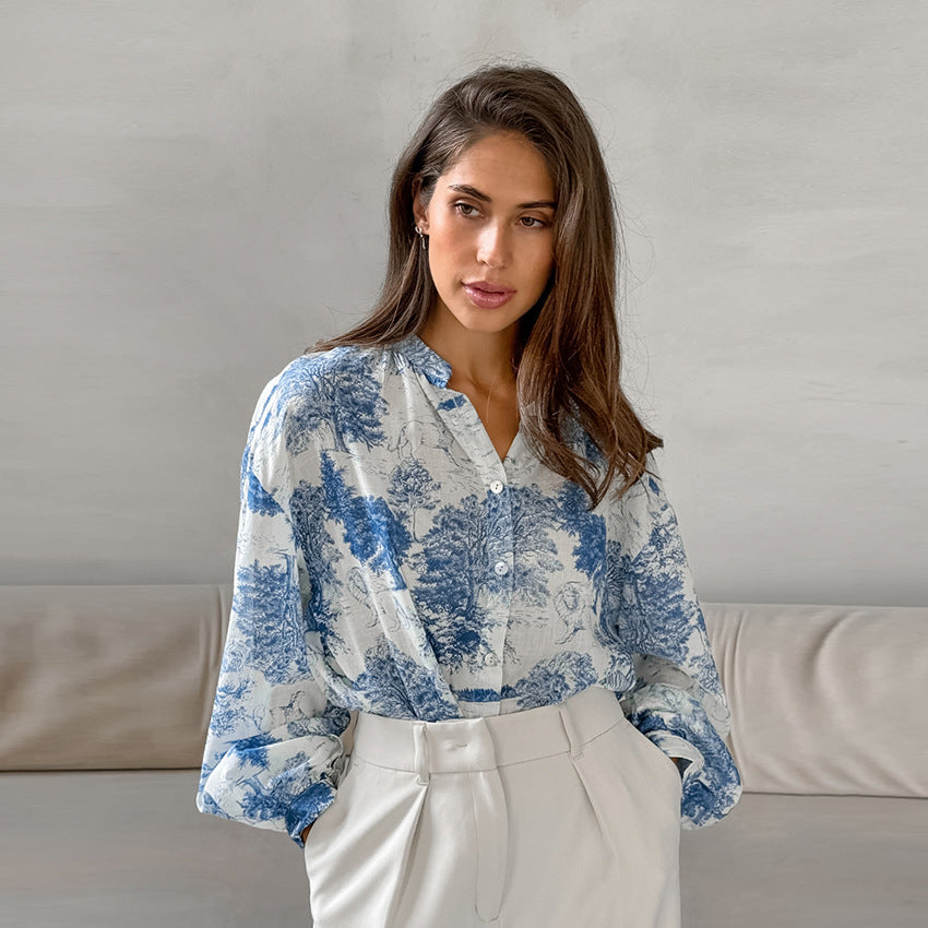 Women's Fashion Stand Collar Long Sleeve Loose Shirt Versatile Casual Blouses