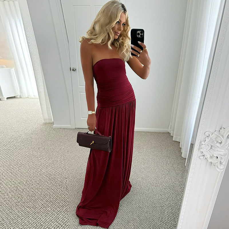 Women's Summer Sleeveless Sexy Tube Pleated Long Dress