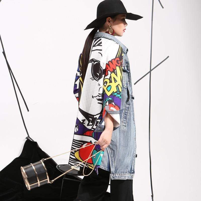 Women's Denim Trench Fashionable Image Drawing Creative Coats