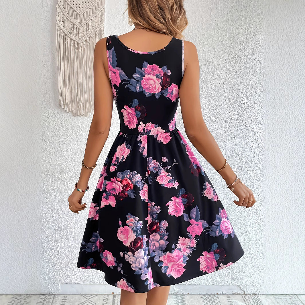 Women's Crew Neck Casual Printed Sleeveless Dress