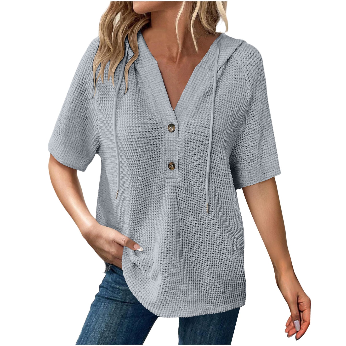 Women's Solid Color Waffle Hooded Button Loose Sleeve Shorts