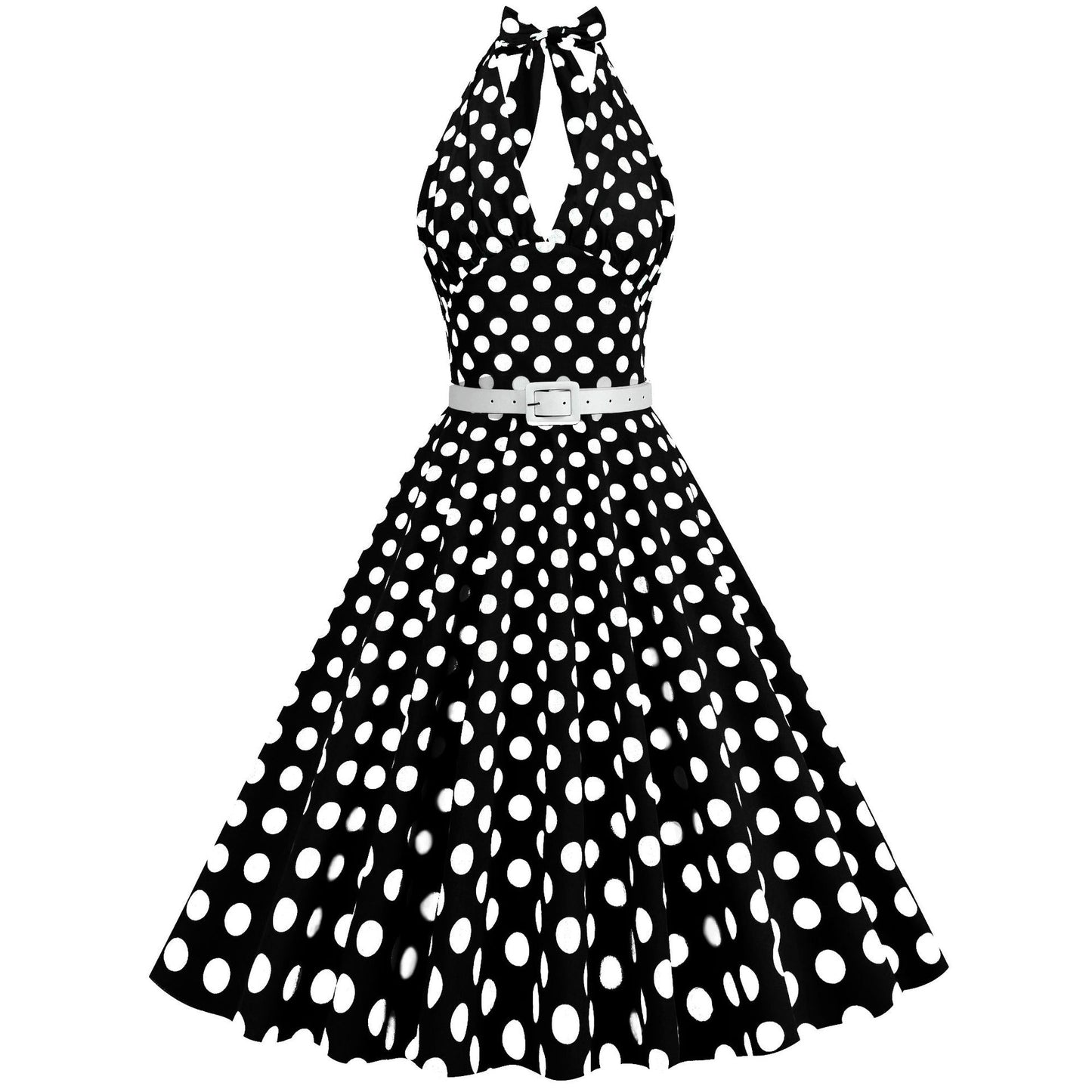 Women's Polka Dot Stitching Belt Halter Hepburn Dresses