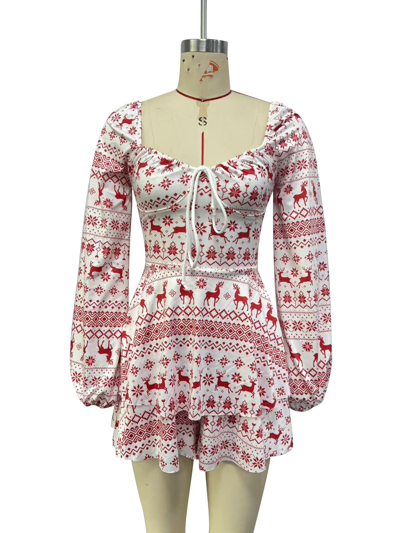 Women's Christmas Printed Drawstring Backless Long Sleeves Dress