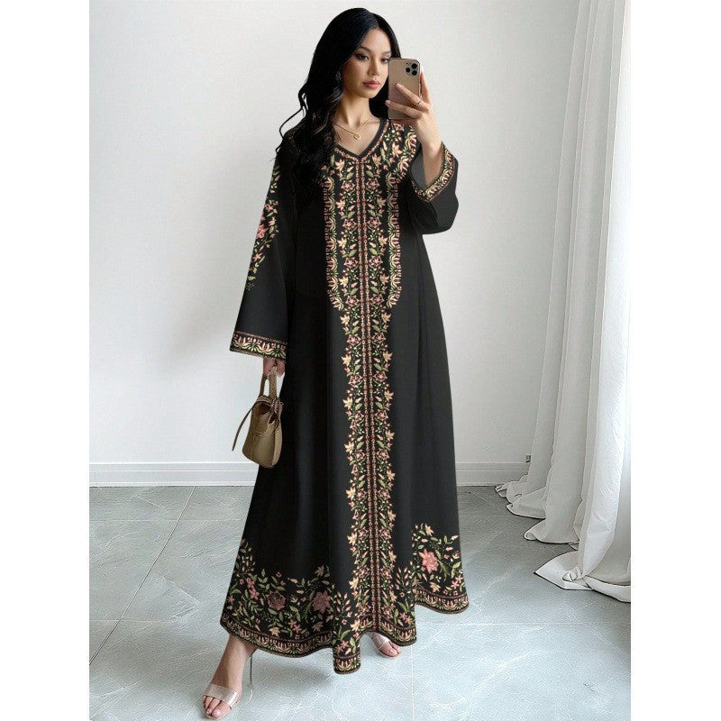 Ladies Plant Flower Fashion Temperament Printed Casual Loose Flared Dress