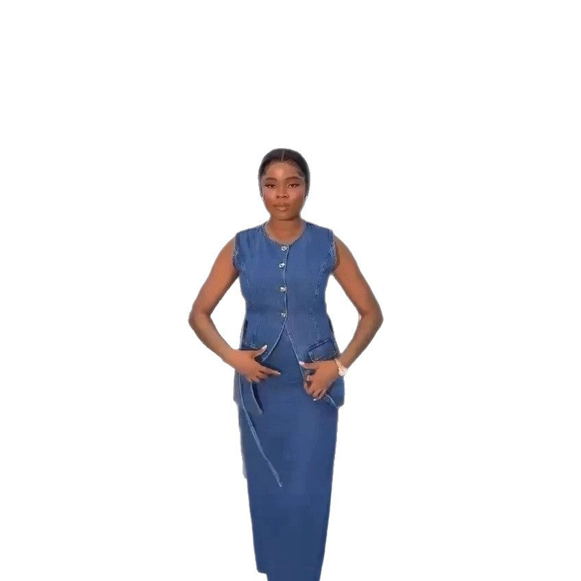 Women's Fashion Wear Denim Sleeveless Button Pocket Suits