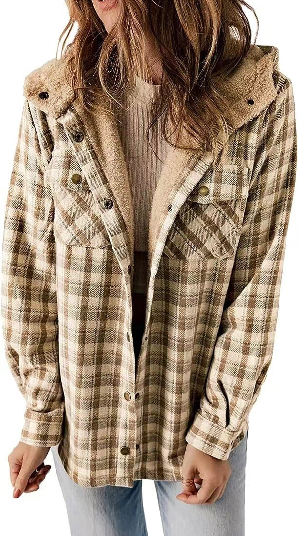 Women's Long-sleeved Plaid Woolen Hooded Lamb Wool Sweaters