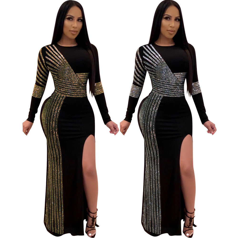Sexy Rhinestone Crew Neck Split Long Uniform