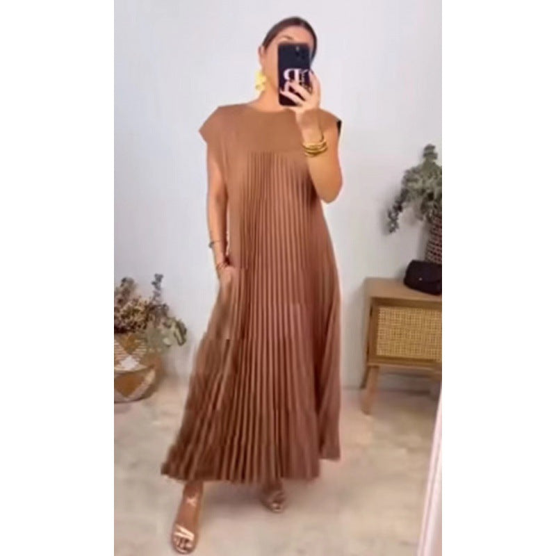 Women's Fashion Round Neck Sleeveless Pleated Dress Dresses