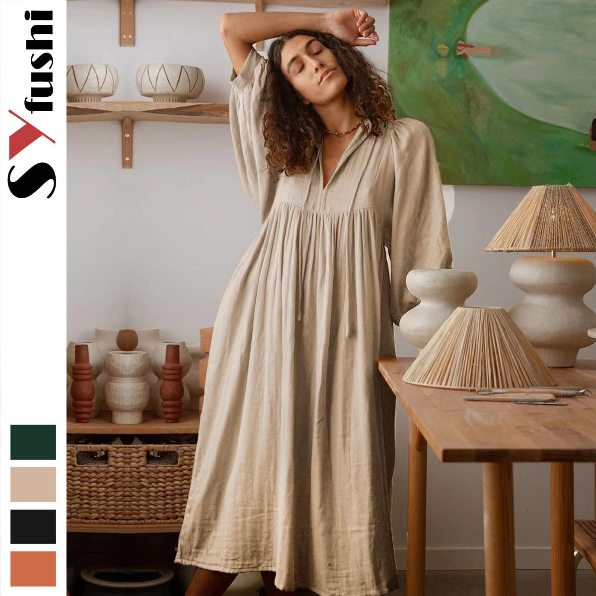 Large Loose Long Sleeve Lantern Casual Retro Solid Color Dress