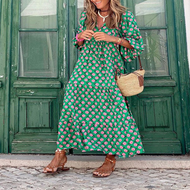 Women's Loose Bohemian Round Neck Lantern Sleeve Dress